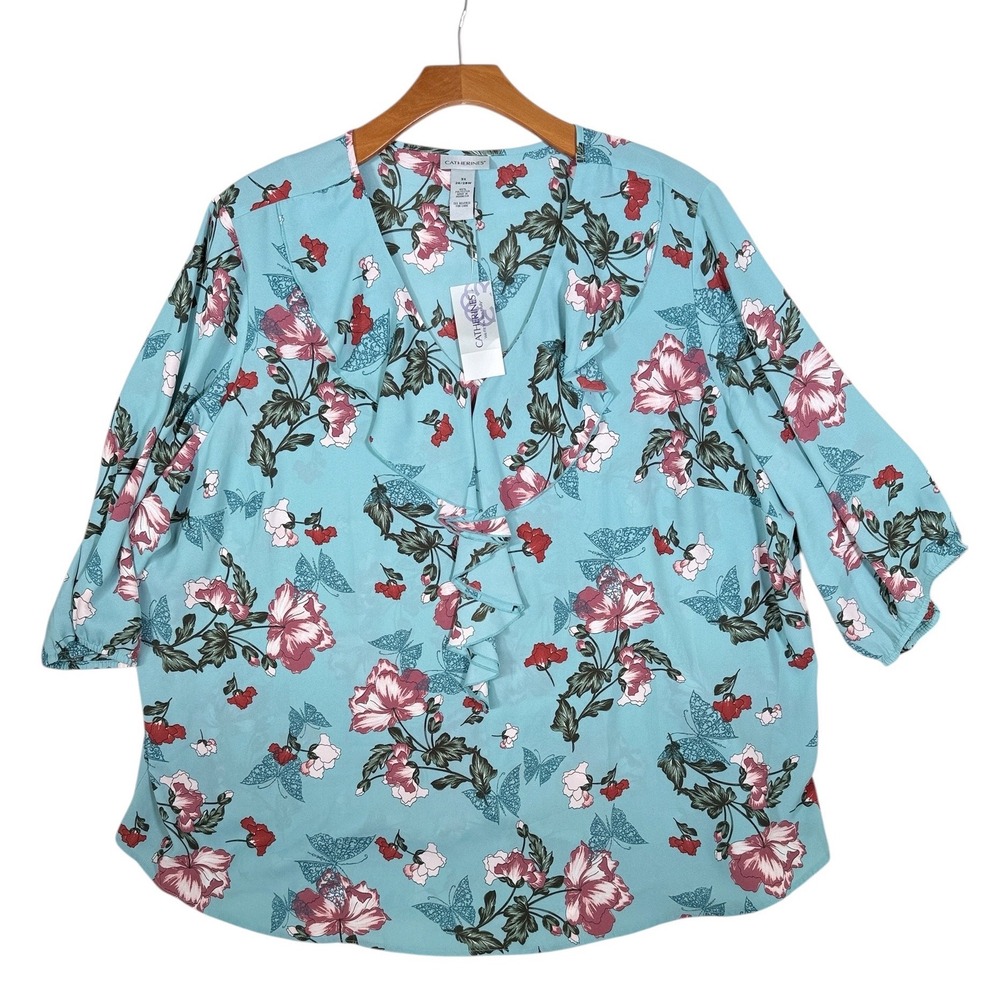 NWT Catherines 3X Blue Floral Butterfly Ruffle V-Neck Blouse Tunic 26W/28W Plus